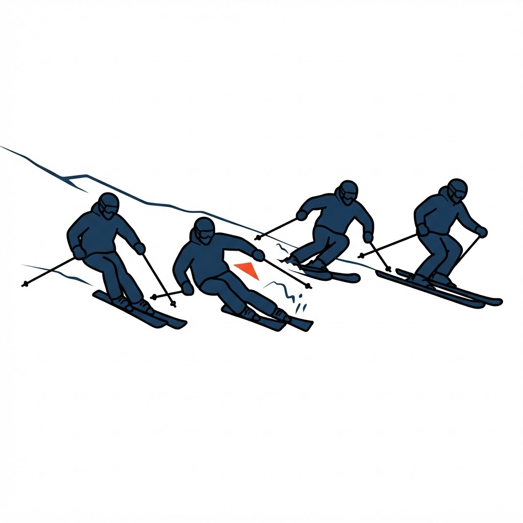 Quatre positions immobiles d'un virage à ski, dessinées séparément plutôt que filmées en mouvement